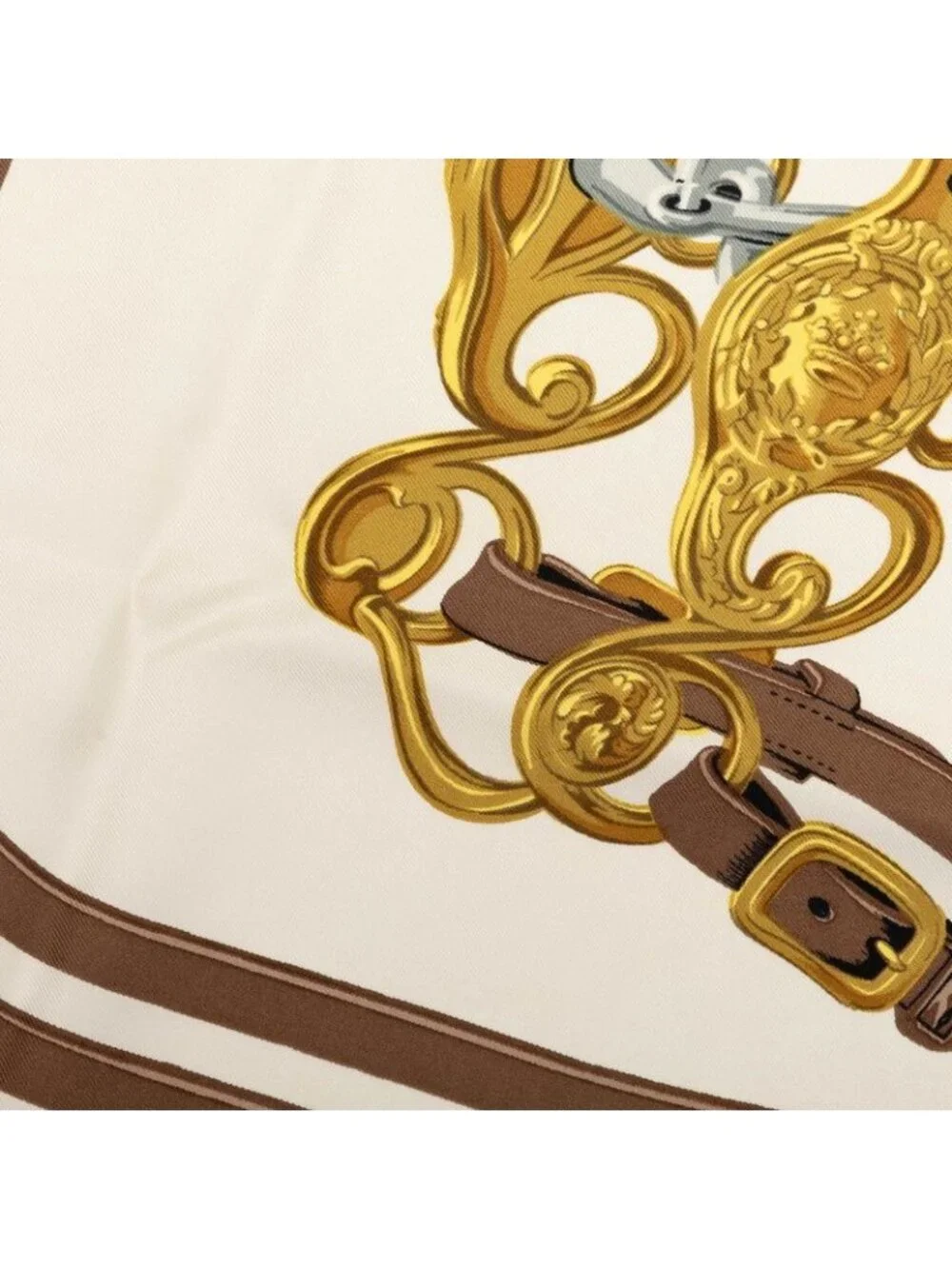 Hermes Carre 90 Bride de Gala Ceremonial Bridle Scarf Brown White Yellow Silk
